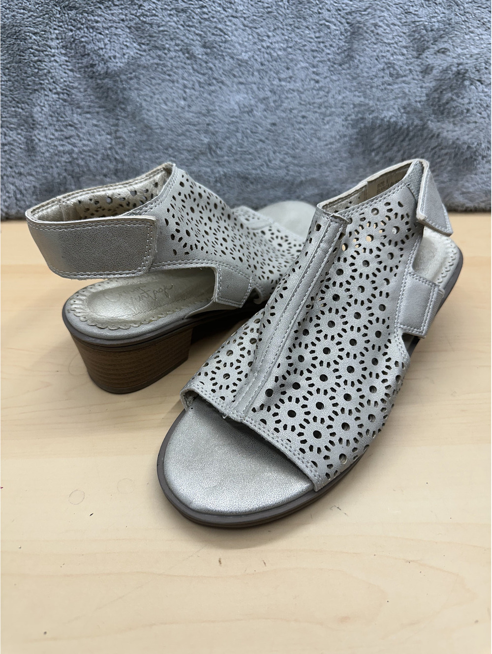 Crown Vintage Silver Laser Cut Peep Toe Sandals with Low Stacked Heel